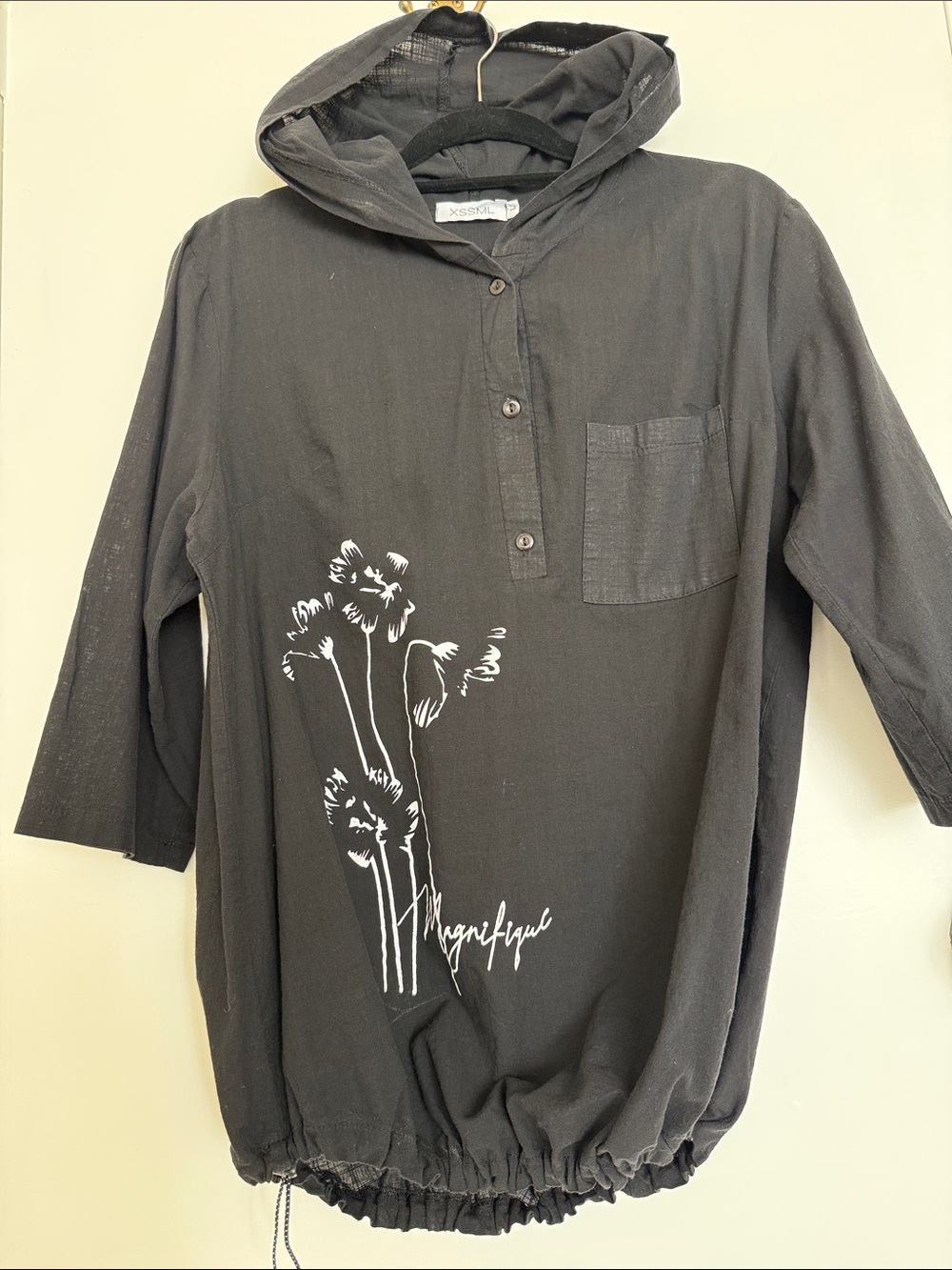 Linen Black Hooded Tunic with White Floral Print